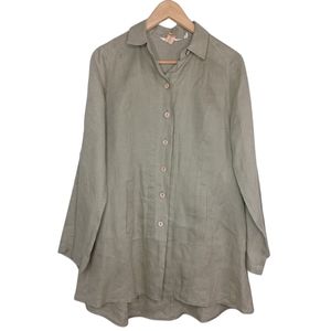 Soft Surroundings LagenLook Linen Button Down Front Olive Green Tunic Top